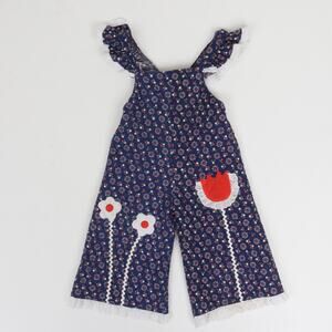 Vintage 1970s Kids Quilted jumpsuit Flower Appliqué Overalls Size 3T